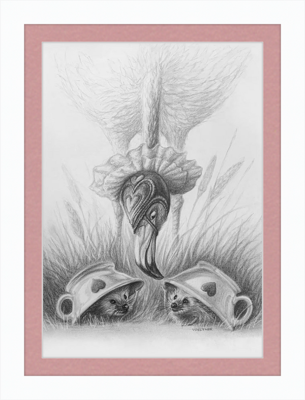 Flamingo and Hedgehogs (Drawing) Art Print