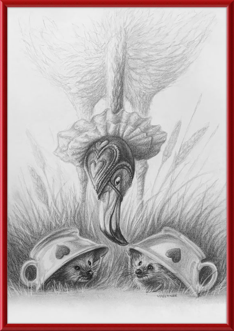 Flamingo and Hedgehogs (Drawing) Art Print