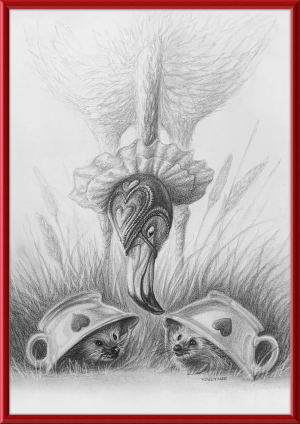 Flamingo and Hedgehogs (Drawing) Art Print