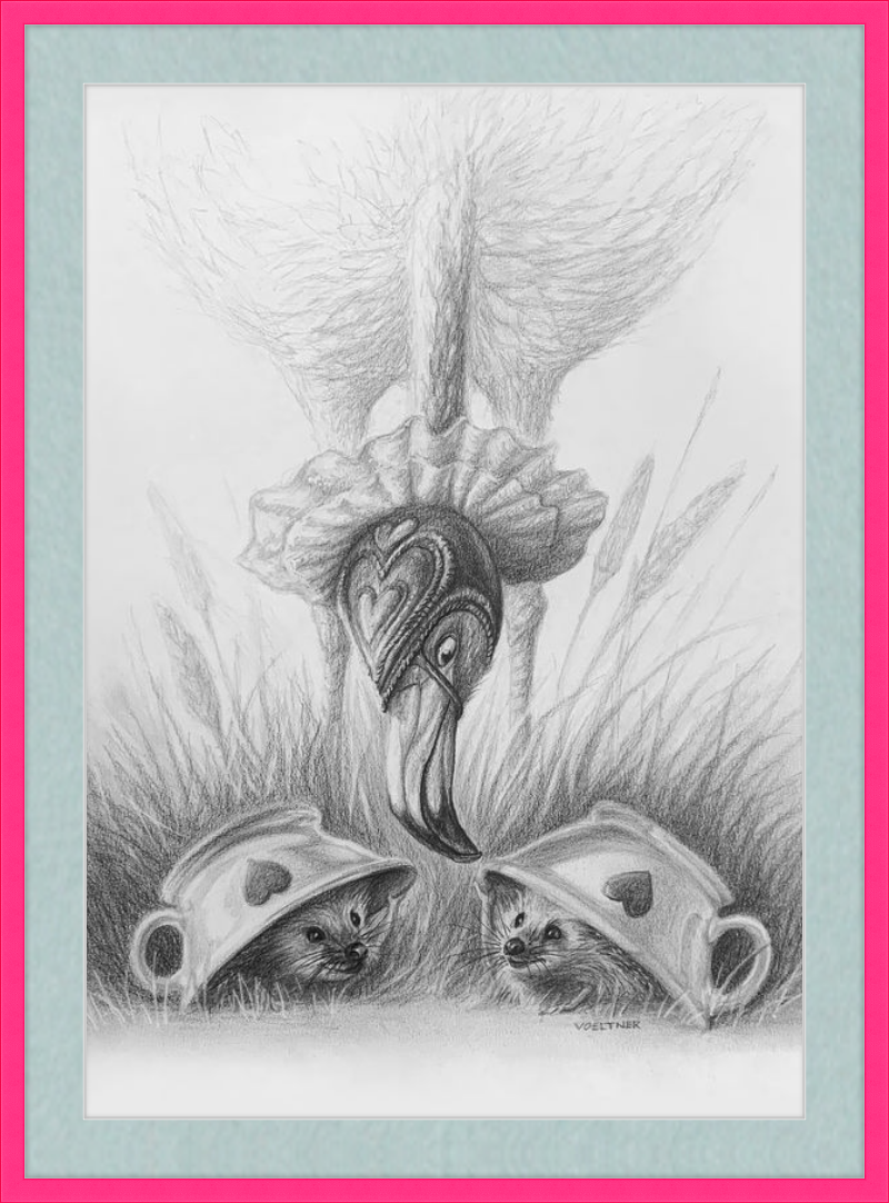 Flamingo and Hedgehogs (Drawing) Art Print