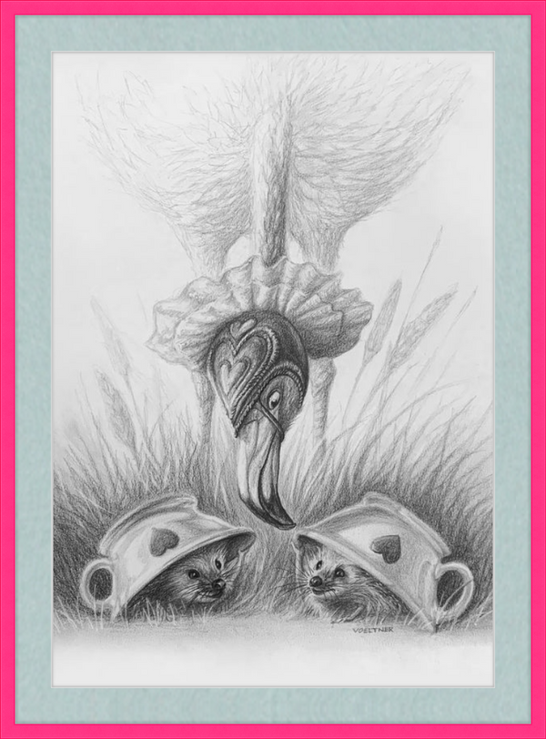 Flamingo and Hedgehogs (Drawing) Art Print