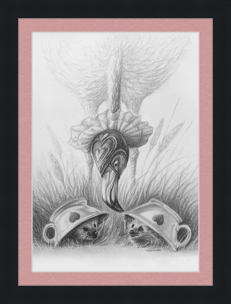 Flamingo and Hedgehogs (Drawing) Art Print