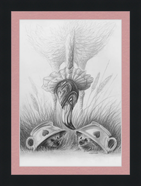 Flamingo and Hedgehogs (Drawing) Art Print