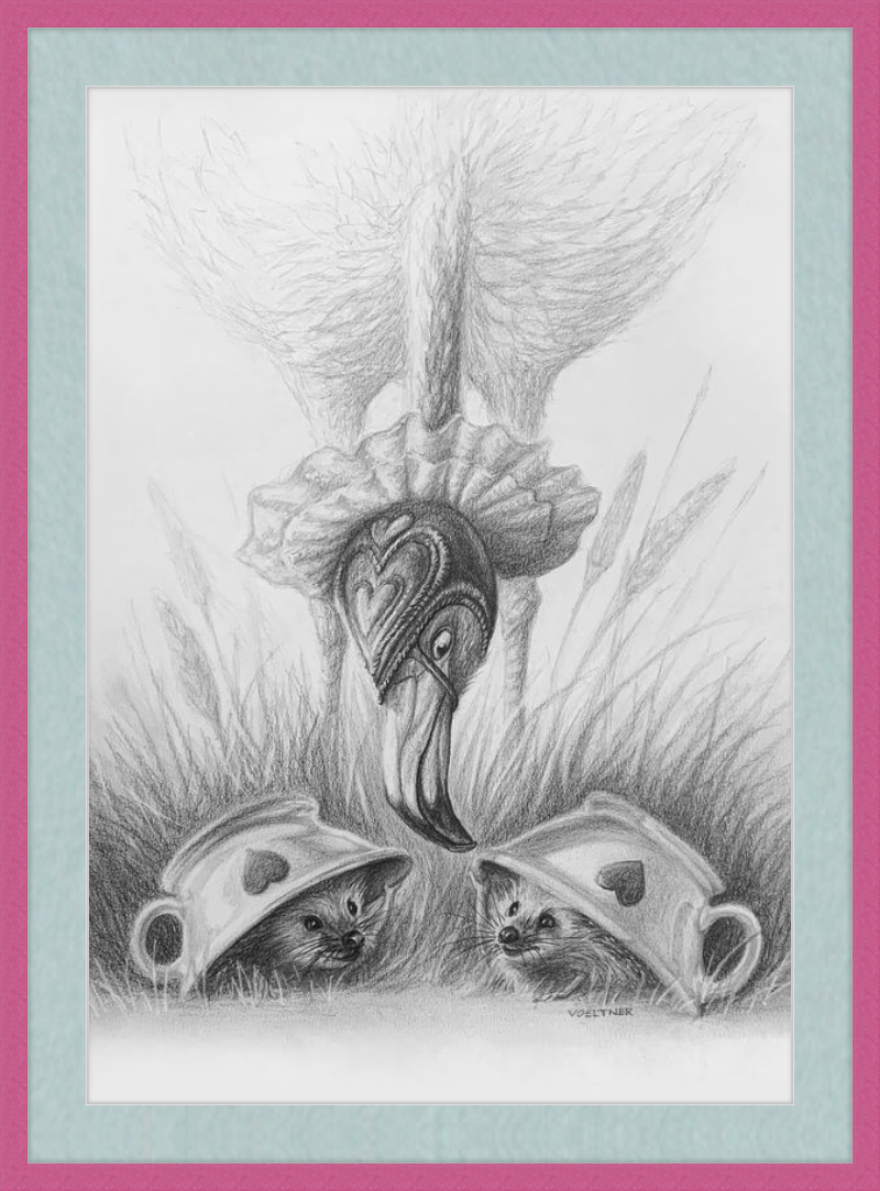 Flamingo and Hedgehogs (Drawing) Art Print