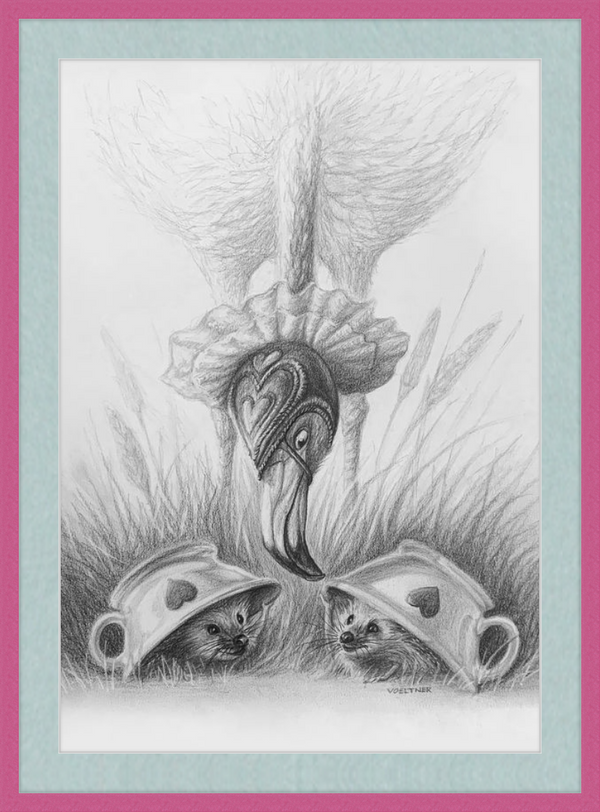 Flamingo and Hedgehogs (Drawing) Art Print