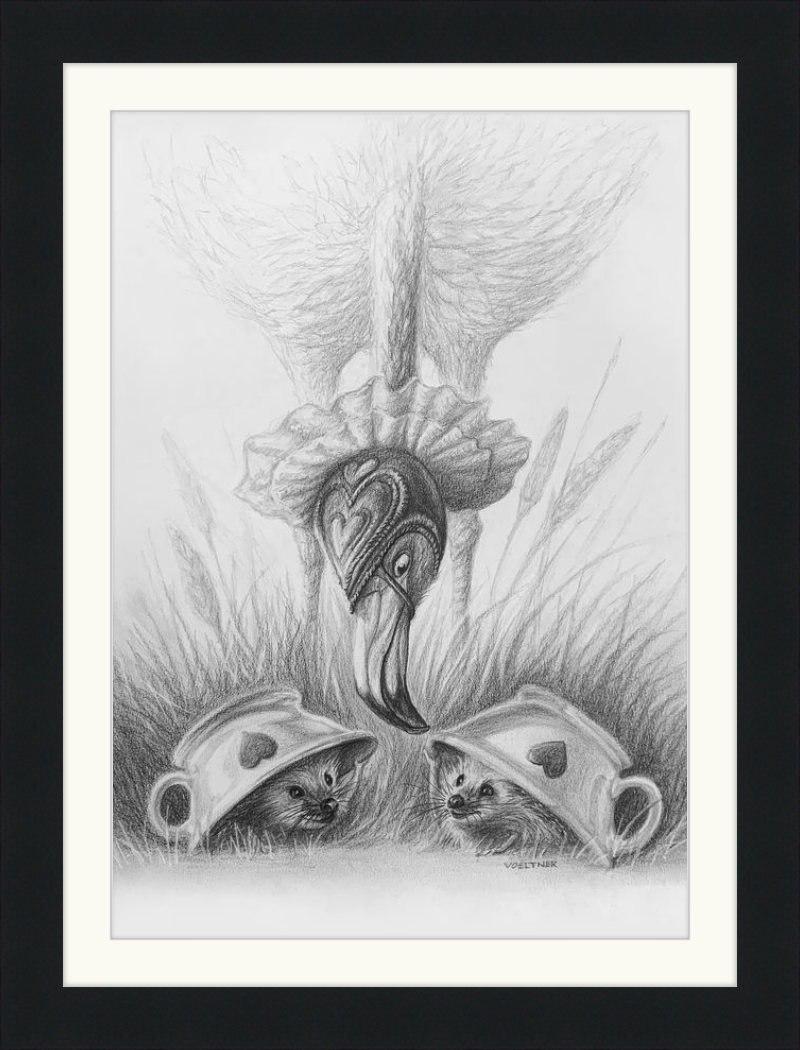 Flamingo and Hedgehogs (Drawing) Art Print