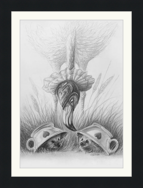 Flamingo and Hedgehogs (Drawing) Art Print