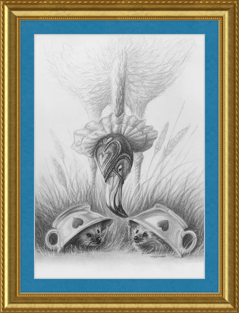 Flamingo and Hedgehogs (Drawing) Art Print