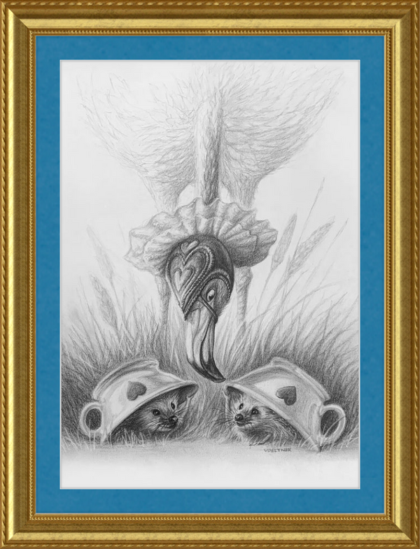 Flamingo and Hedgehogs (Drawing) Art Print