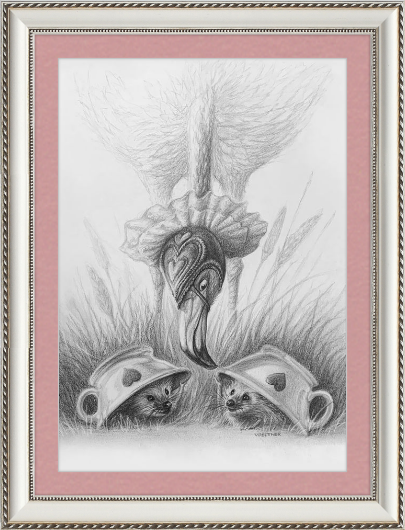 Flamingo and Hedgehogs (Drawing) Art Print
