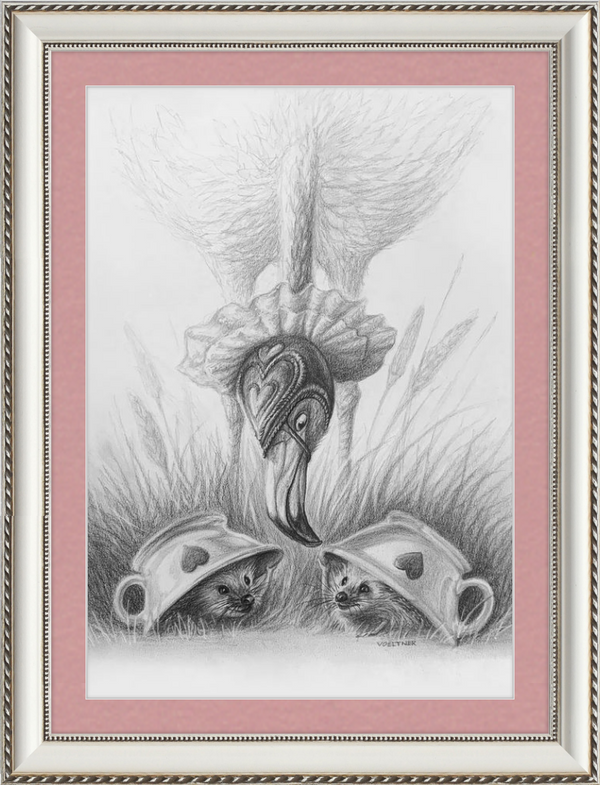 Flamingo and Hedgehogs (Drawing) Art Print