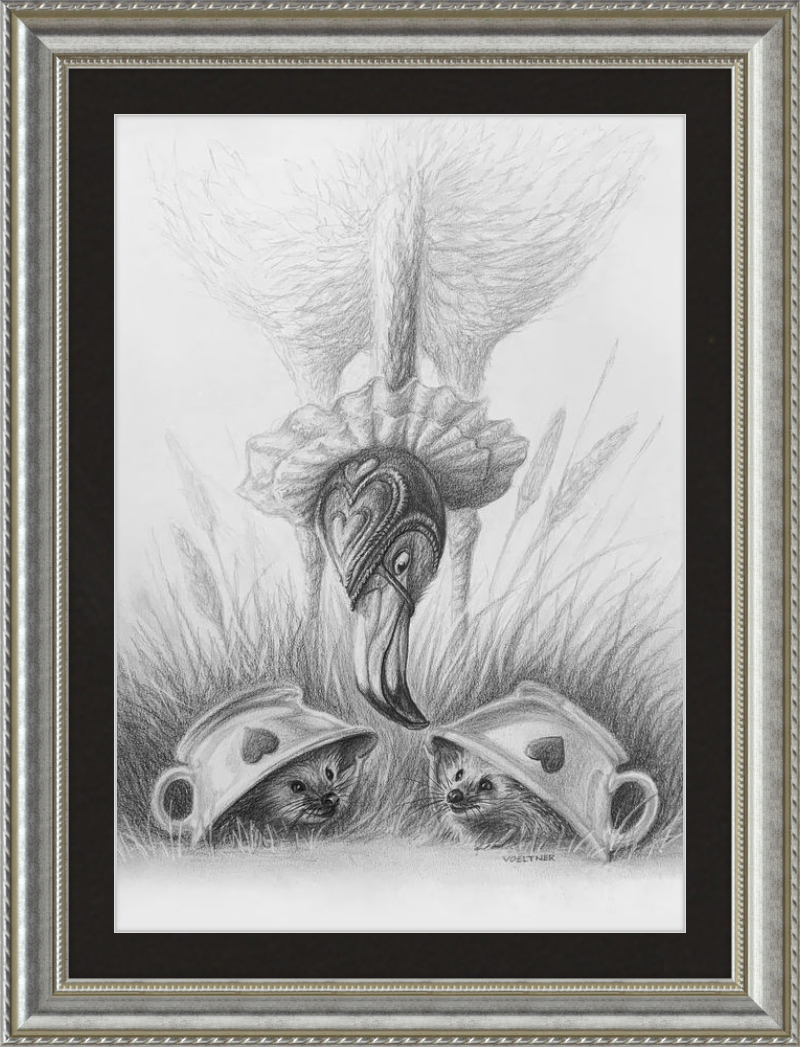 Flamingo and Hedgehogs (Drawing) Art Print