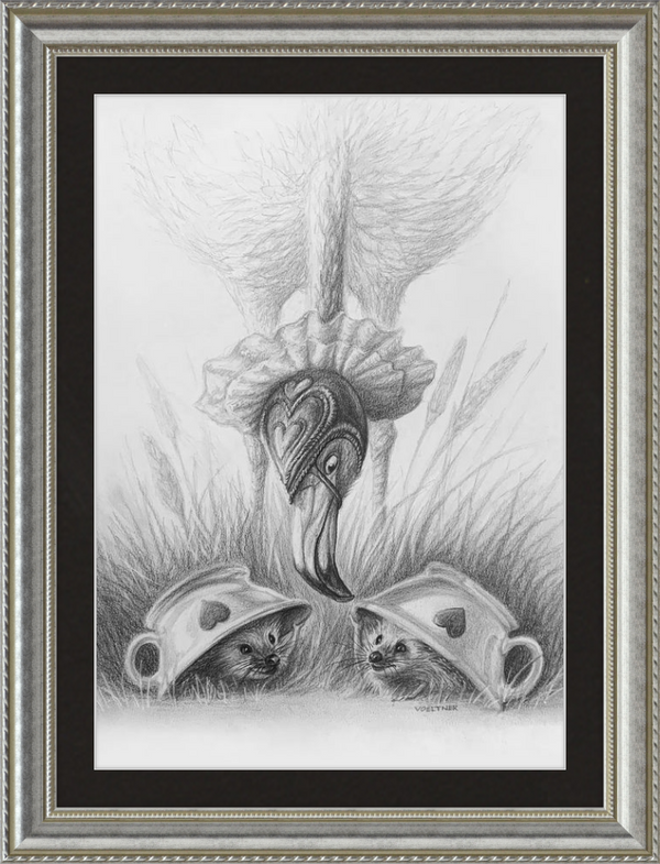 Flamingo and Hedgehogs (Drawing) Art Print