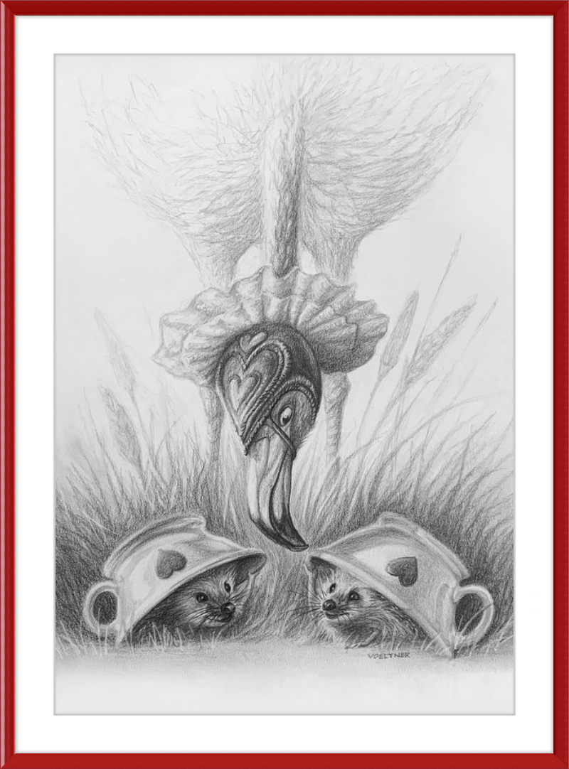 Flamingo and Hedgehogs (Drawing) Art Print