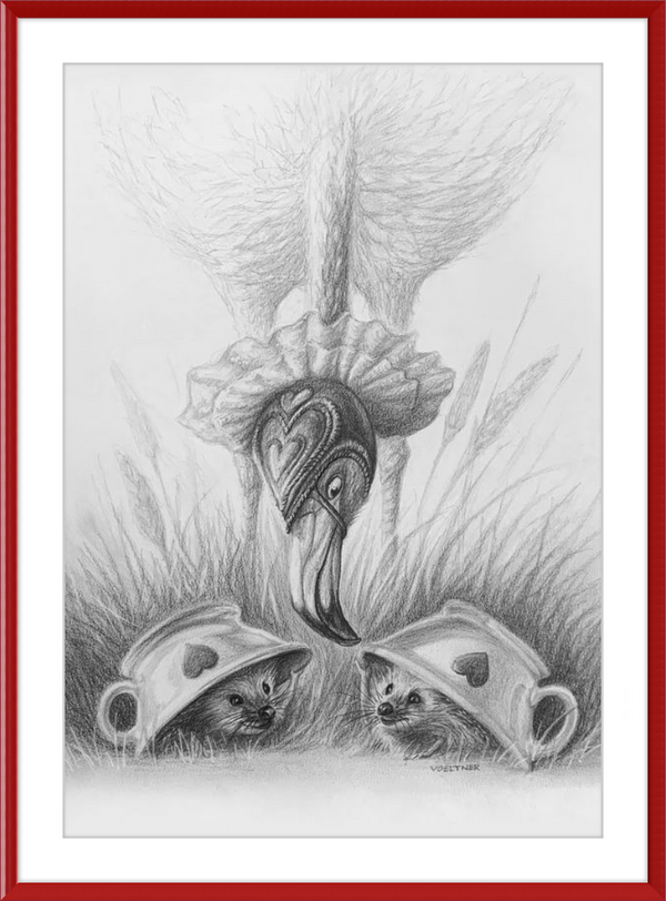 Flamingo and Hedgehogs (Drawing) Art Print