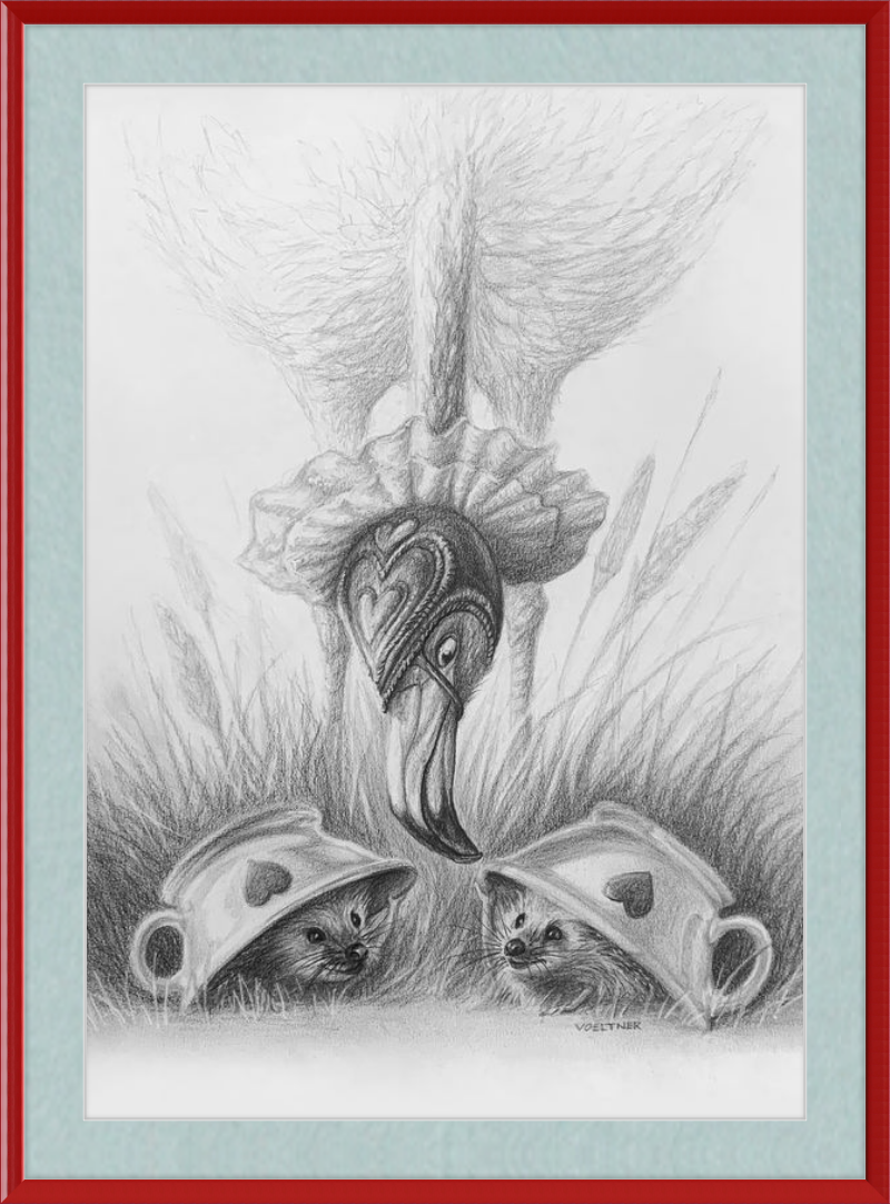 Flamingo and Hedgehogs (Drawing) Art Print