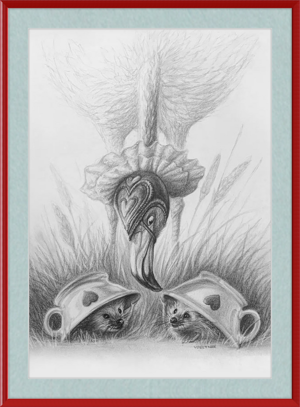 Flamingo and Hedgehogs (Drawing) Art Print