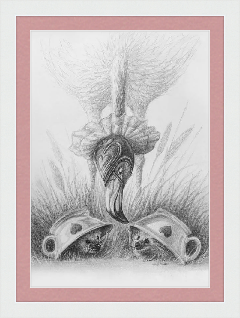 Flamingo and Hedgehogs (Drawing) Art Print