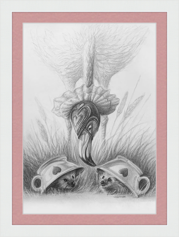 Flamingo and Hedgehogs (Drawing) Art Print