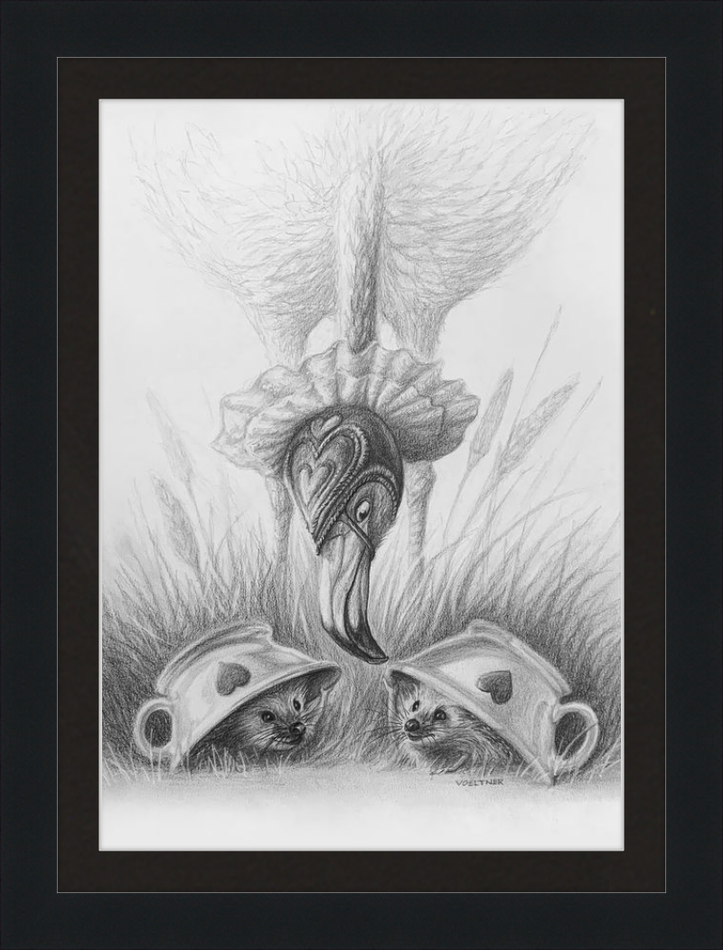 Flamingo and Hedgehogs (Drawing) Art Print
