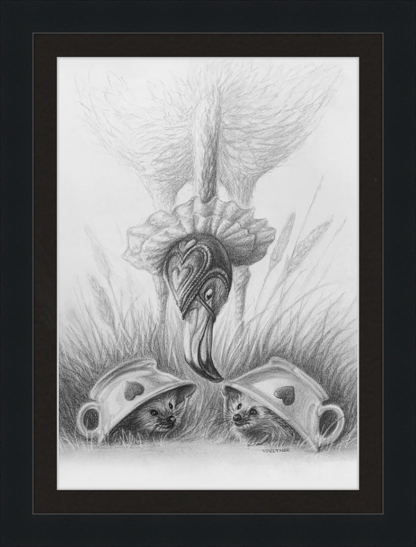 Flamingo and Hedgehogs (Drawing) Art Print