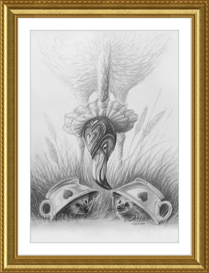 Flamingo and Hedgehogs (Drawing) Art Print