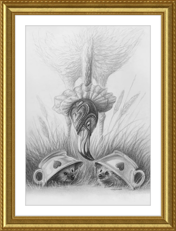 Flamingo and Hedgehogs (Drawing) Art Print