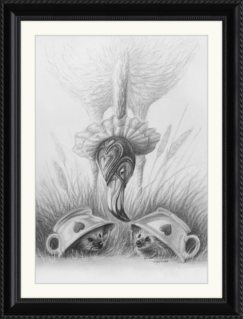 Flamingo and Hedgehogs (Drawing) Art Print