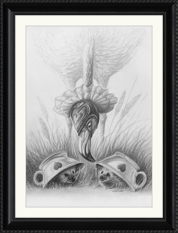 Flamingo and Hedgehogs (Drawing) Art Print