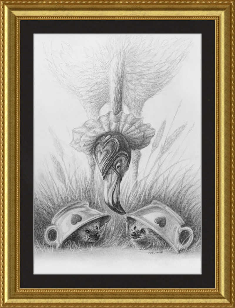 Flamingo and Hedgehogs (Drawing) Art Print