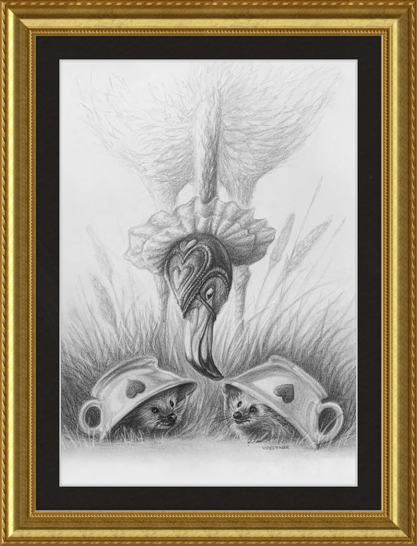 Flamingo and Hedgehogs (Drawing) Art Print