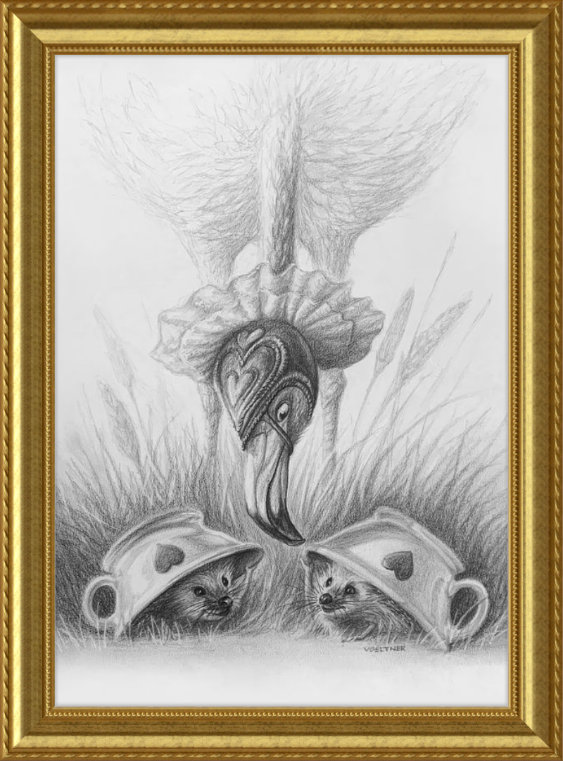 Flamingo and Hedgehogs (Drawing) Art Print