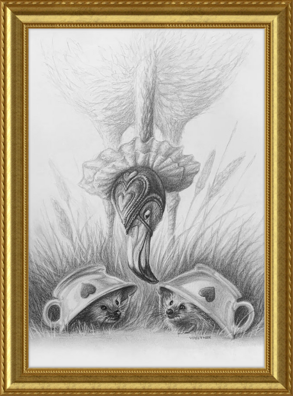 Flamingo and Hedgehogs (Drawing) Art Print