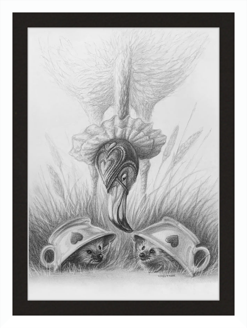 Flamingo and Hedgehogs (Drawing) Art Print