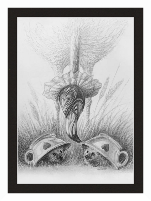 Flamingo and Hedgehogs (Drawing) Art Print