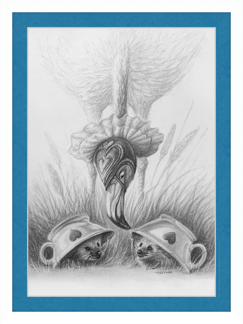 Flamingo and Hedgehogs (Drawing) Art Print
