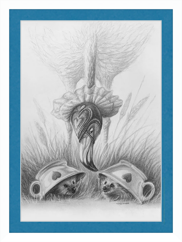 Flamingo and Hedgehogs (Drawing) Art Print