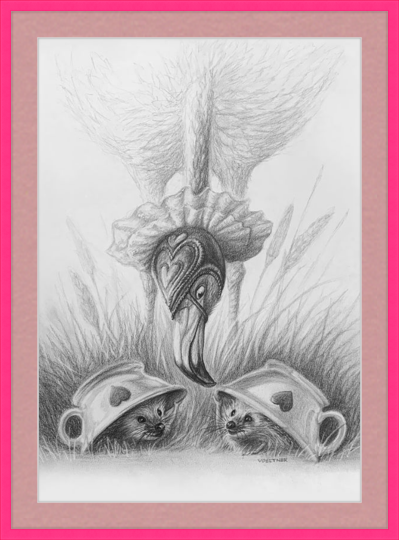 Flamingo and Hedgehogs (Drawing) Art Print