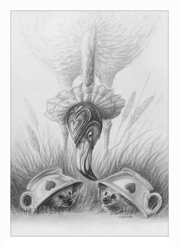Flamingo and Hedgehogs (Drawing) Art Print