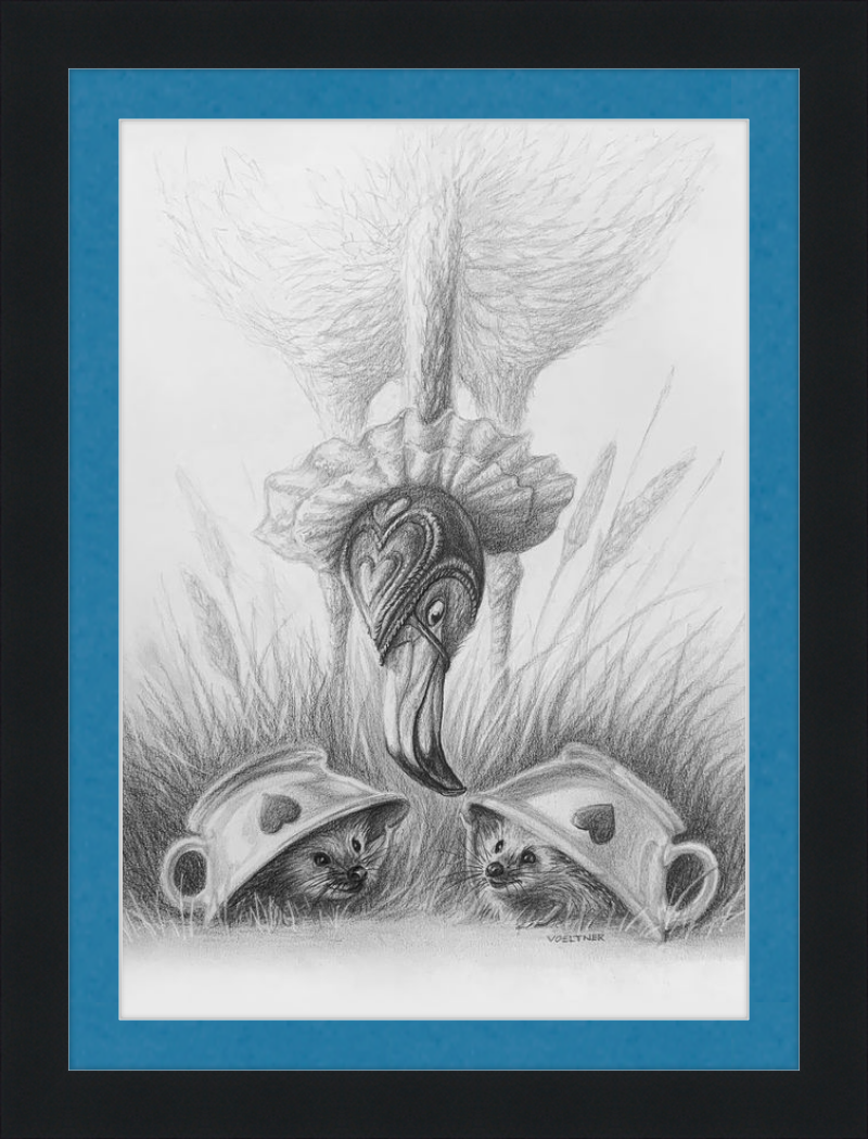 Flamingo and Hedgehogs (Drawing) Art Print