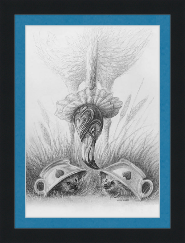 Flamingo and Hedgehogs (Drawing) Art Print