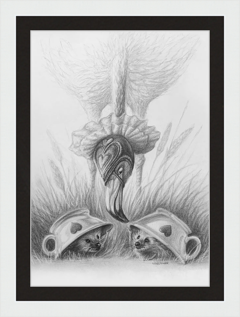 Flamingo and Hedgehogs (Drawing) Art Print
