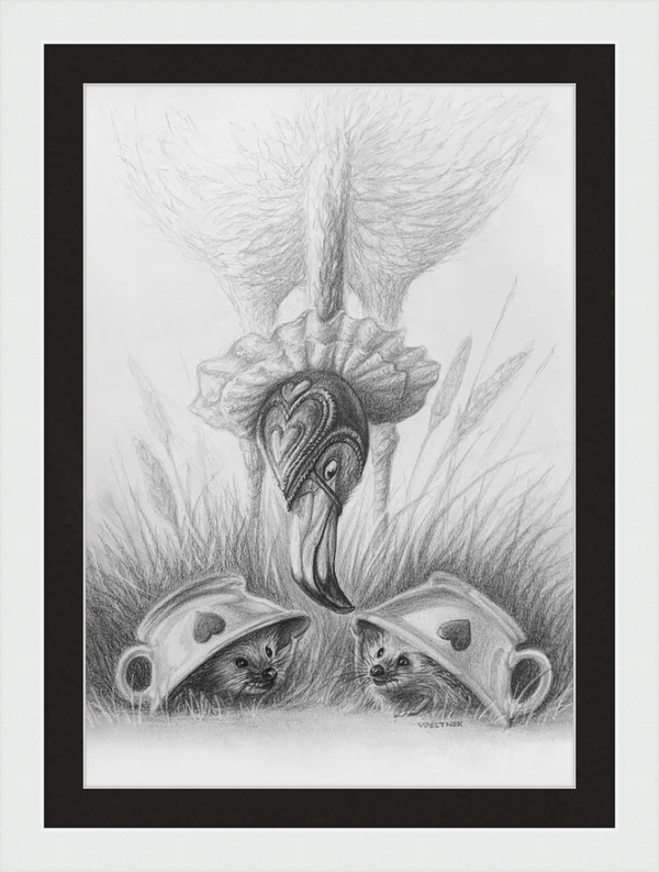Flamingo and Hedgehogs (Drawing) Art Print