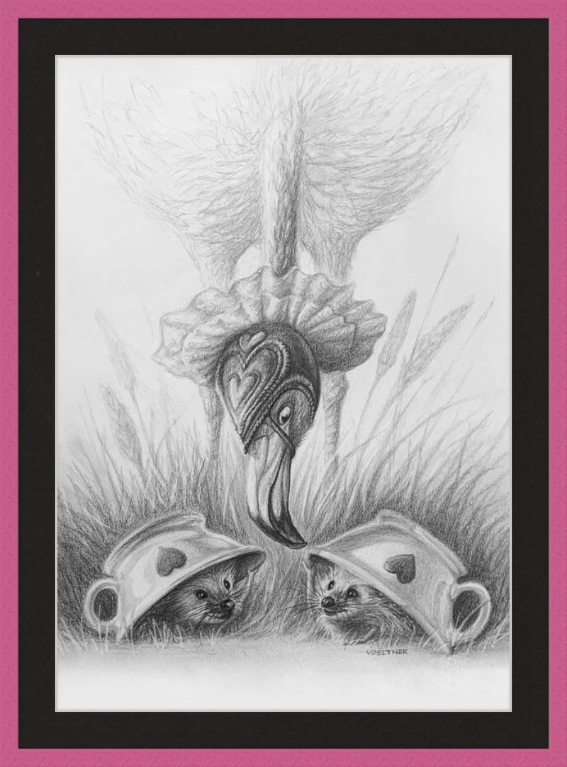 Flamingo and Hedgehogs (Drawing) Art Print