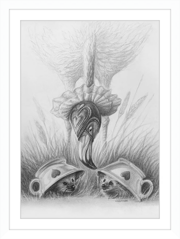 Flamingo and Hedgehogs (Drawing) Art Print